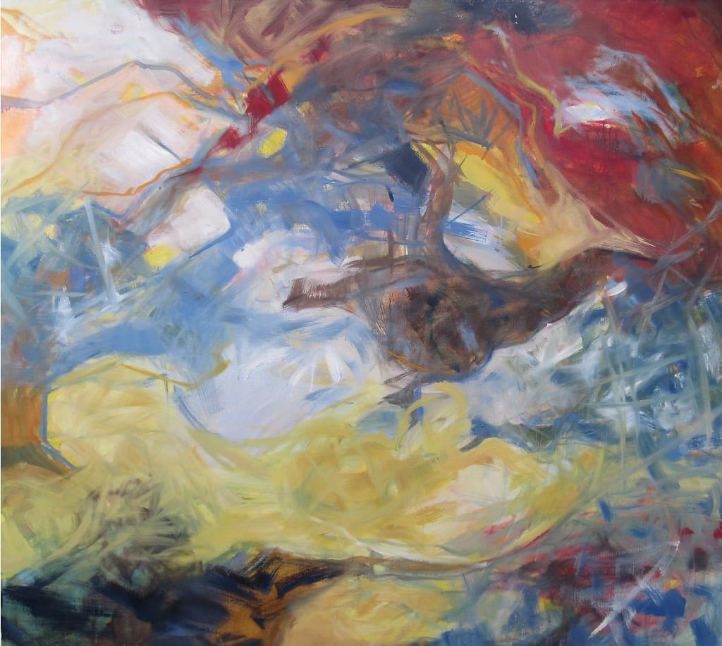 Abstract olieverf schilderij dat lijkt op een vogel die de vrijheid tegemoed vliegt.