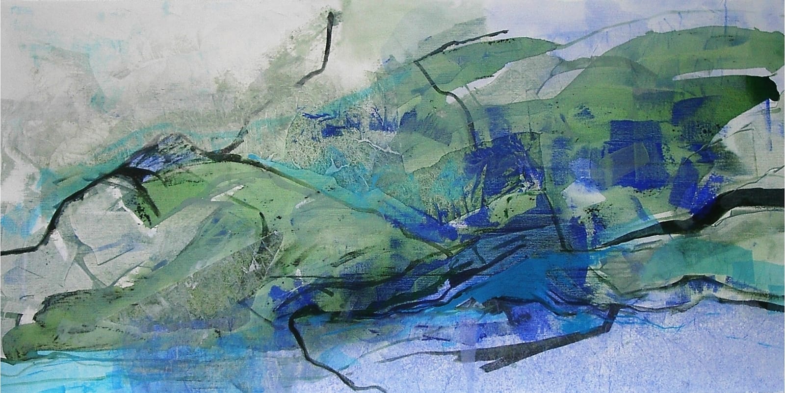 Abstract landschap In opdracht gemaakt schilderij van abstract landschap waarin de kleur groen van de bank die er onder moet staan verwerkt is.