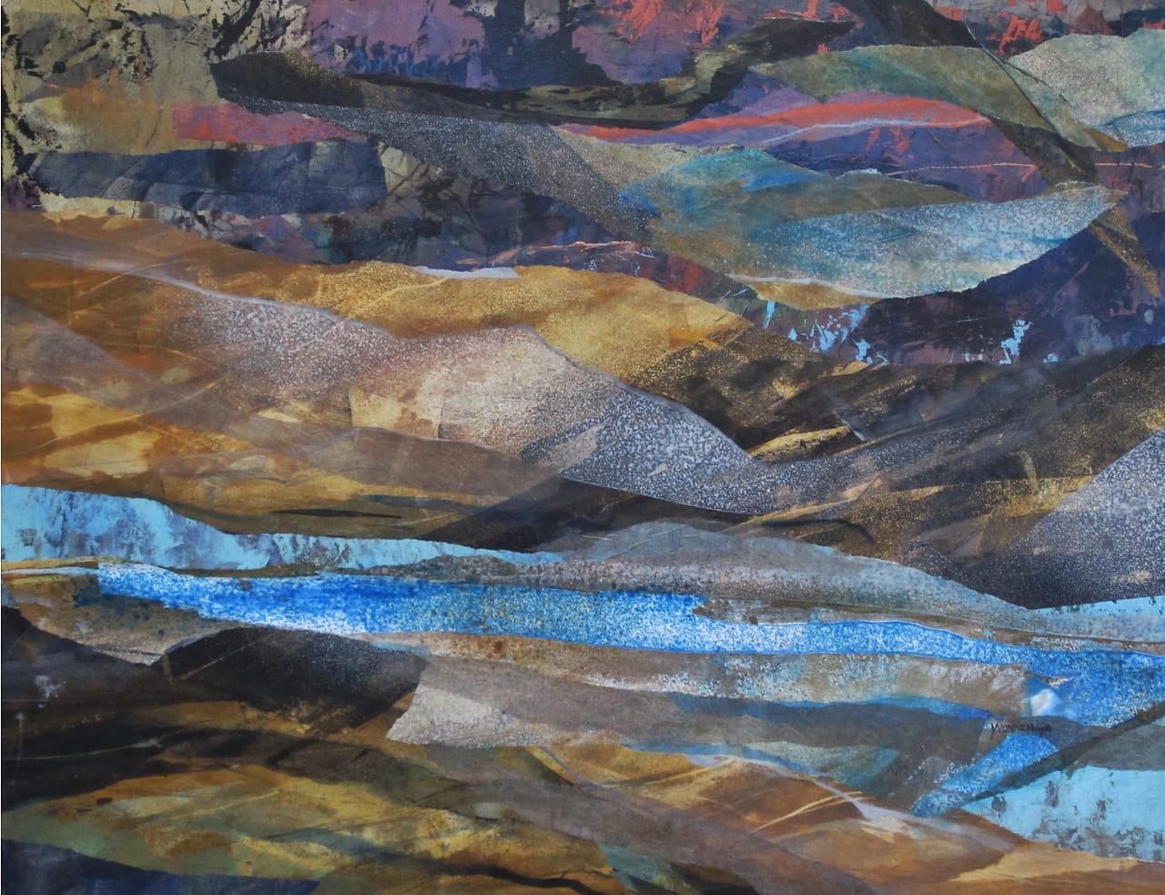 Collage op doek van stukken beschilderd papier. Abstracte voorstelling van heldere waterstroom over rotsige rivierbodem.