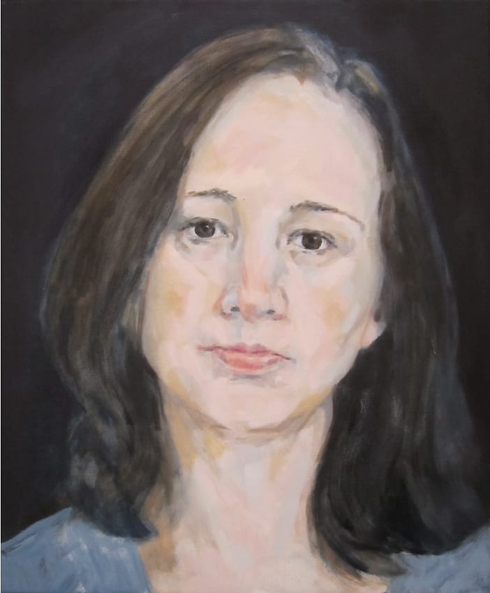 Reputation 16 Realistisch olieverf portret van jonge vrouw met lang zwart haar tegen donkerblauwe achtergrond.