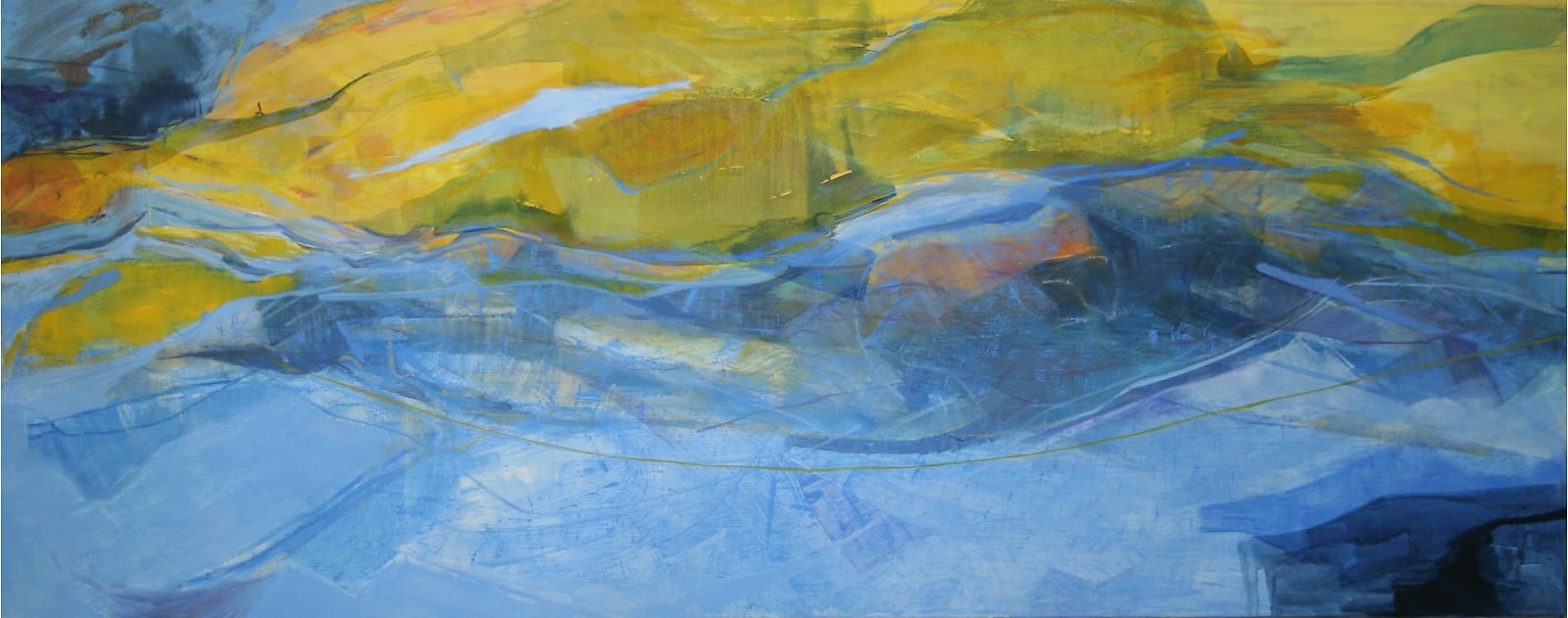 Groot abstract landschappelijk olieverf schilderij. Voorstelling doet denken aan vloedlijn.
